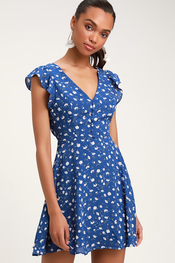 Strike a Posie Royal Blue Floral Print Backless Skater Dress 4