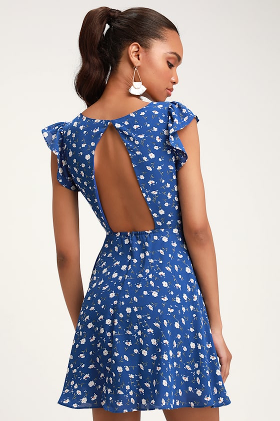 Strike a Posie Royal Blue Floral Print Backless Skater Dress 5