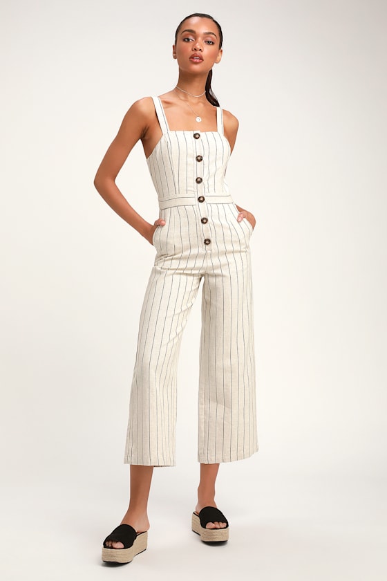 Conley Beige Striped Button-Up Culotte Jumpsuit 1