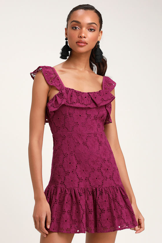 Long Sleeve Lace V Dress - Magenta main image 1