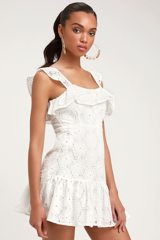 Biscay White Ruffled Eyelet Lace Sleeveless Dress 1