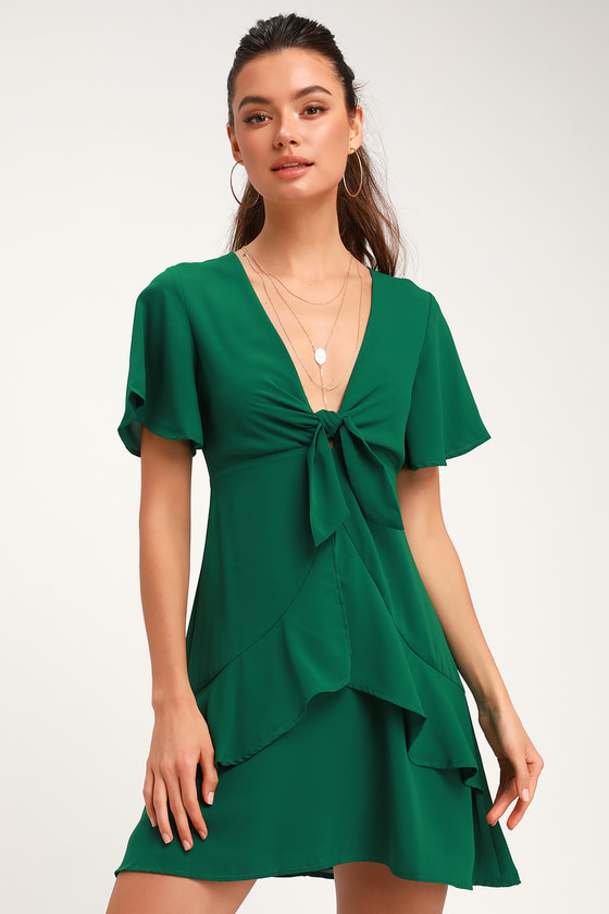 Jewell Green Tie-Front Ruffled Skater Dress