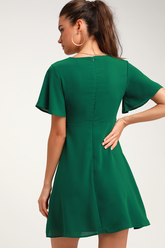 Cute Green Dress - Tie-Front Dress - Ruffled Skater Dress