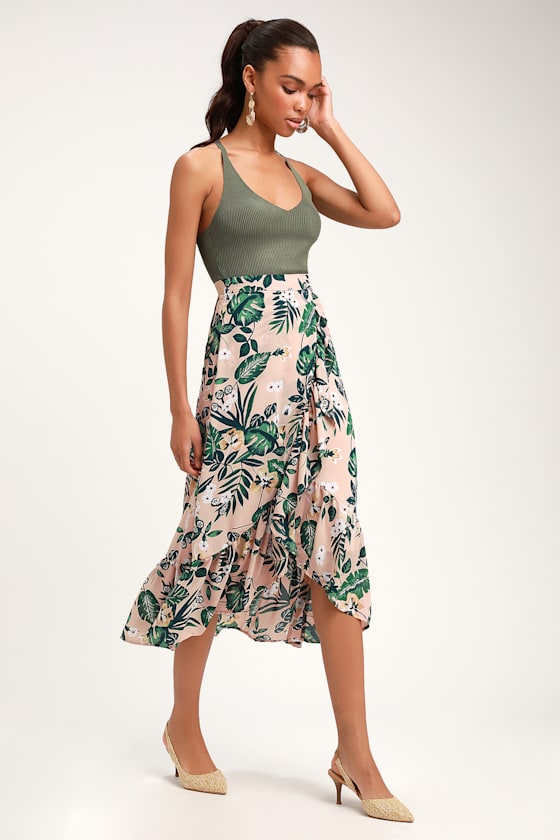 Island State of Mind Blush Tropical Print Ruffled Midi Skirt 3