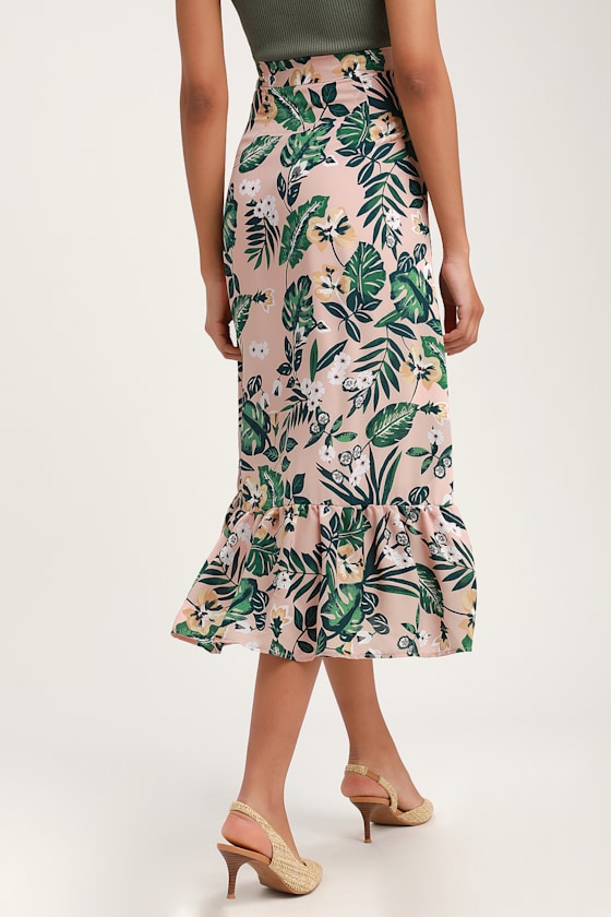 Island State of Mind Blush Tropical Print Ruffled Midi Skirt 1