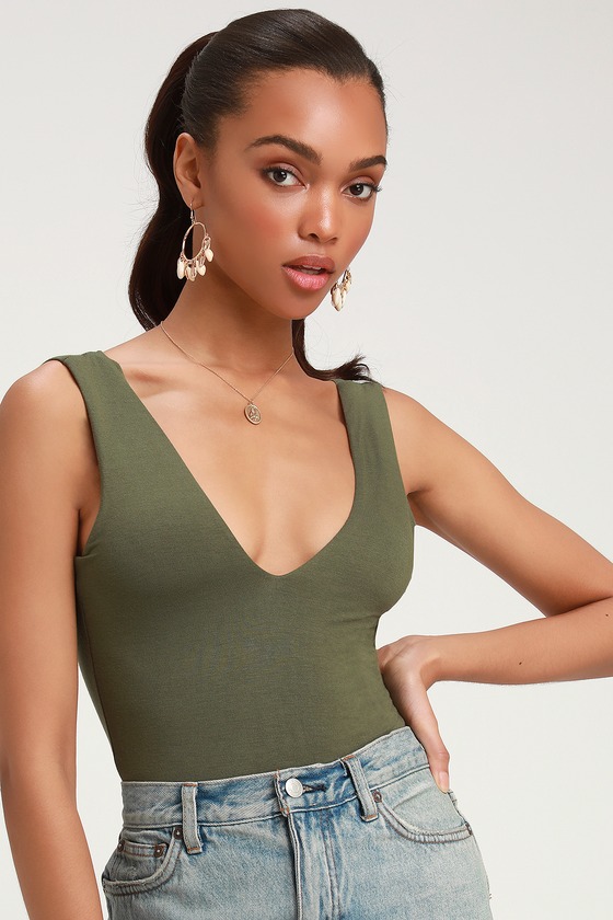 CHECK YOU OUT OLIVE GREEN SLEEVELESS BODYSUIT LULUS BASICS