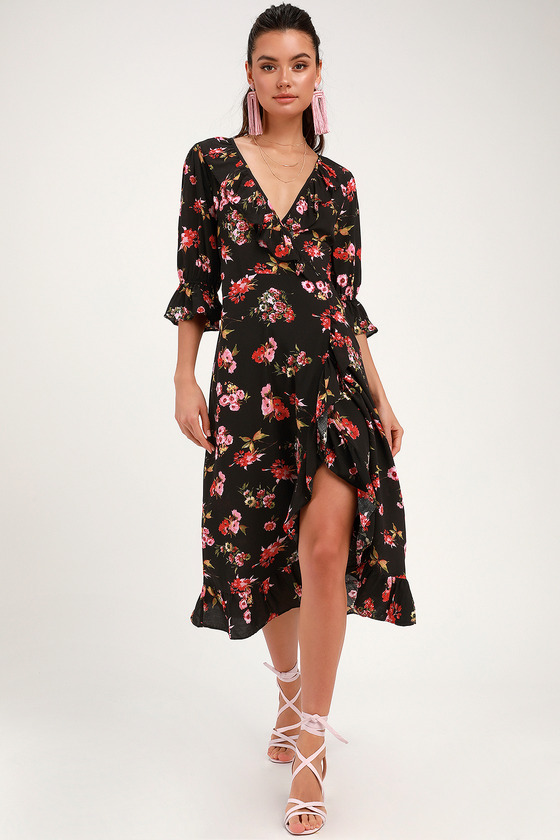 black floral midi wrap dress