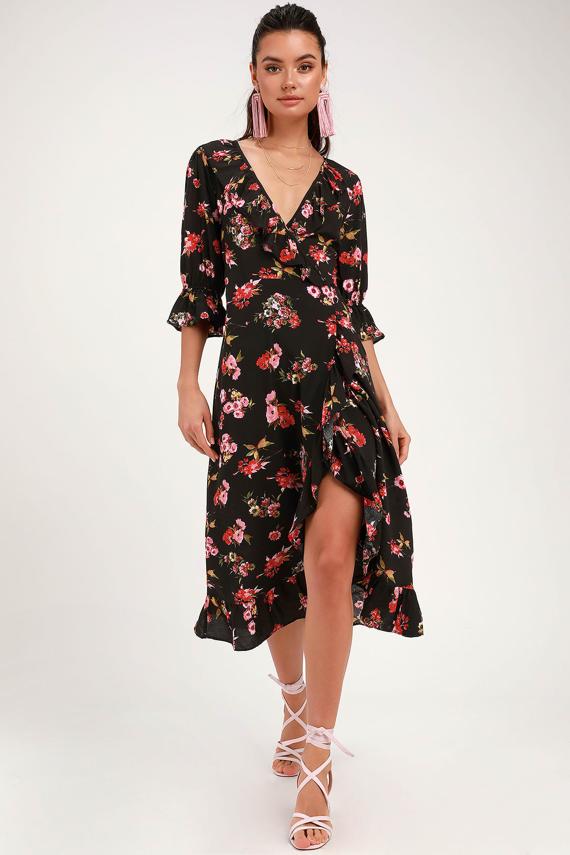 Cute Black Wrap Dress - Ruffled Midi Dress - Floral Print Dress - Lulus