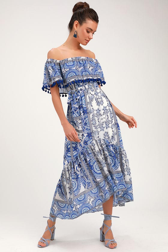 Cute Blue and White Dress - Off-the-Shoulder Dress - Midi Dress - Lulus Cute Blue and White Dress - Off-the-Shoulder Dress - Midi Dress - Lulus