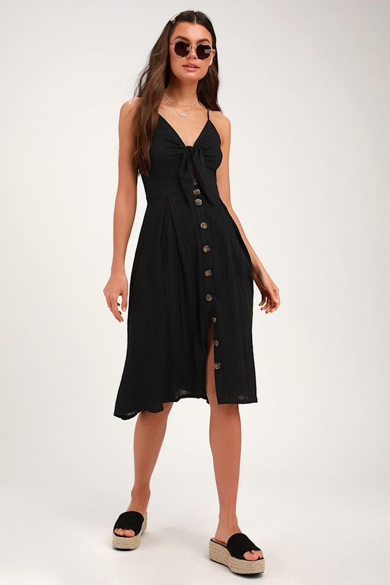 Sacred Lotus Black Tie-Front Midi Dress 1