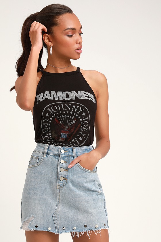 distressed embellished denim skirt