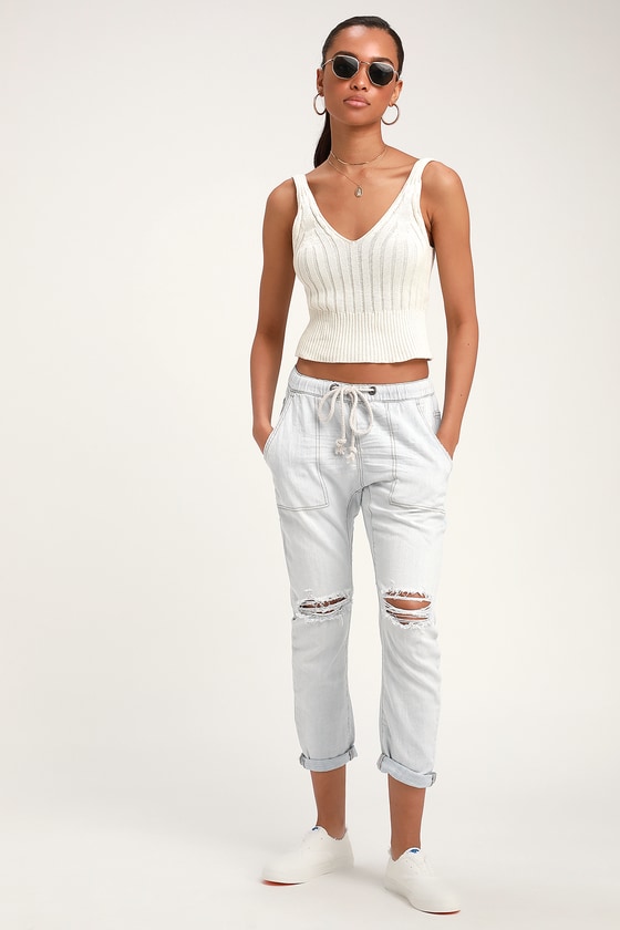 drawstring distressed jeans