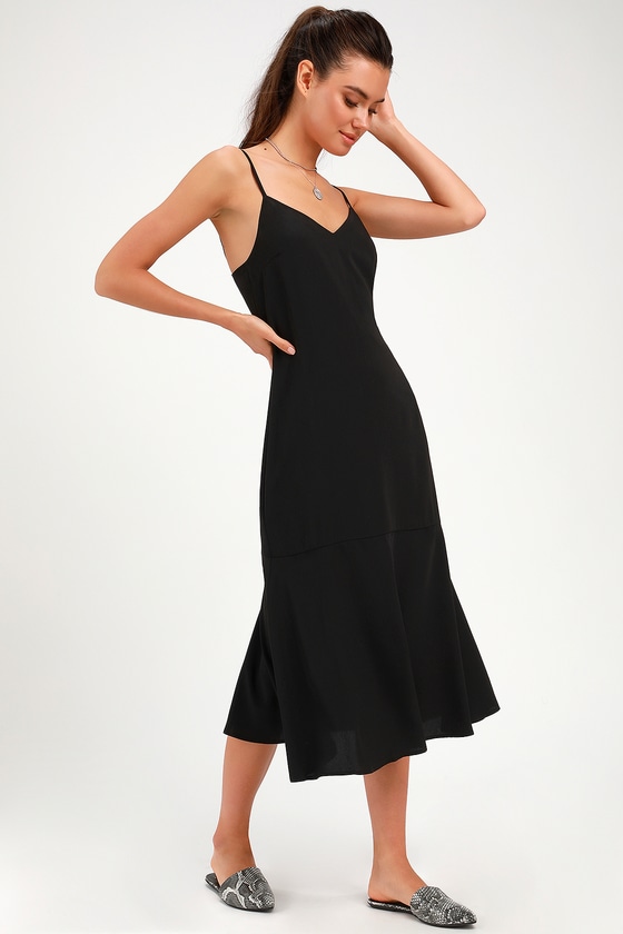 Cute Black Midi Dress - Trumpet Dress - Relaxed Bodice Midi Dress - Lulus