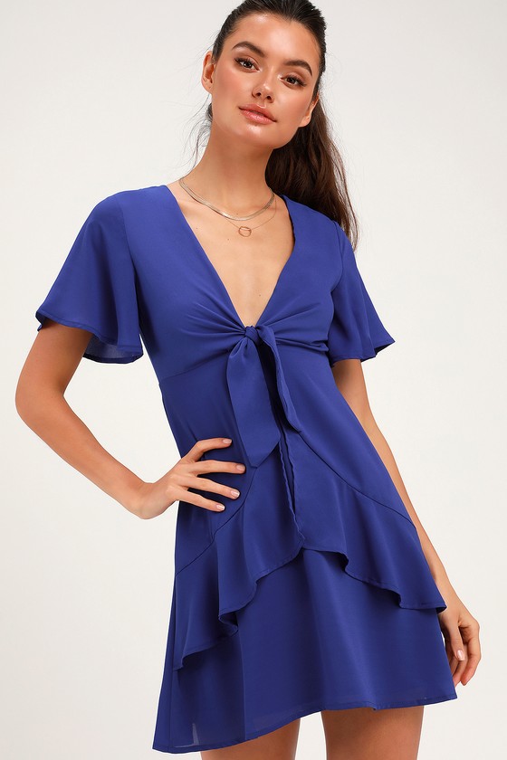 Jewell Royal Blue Tie-Front Ruffled Skater Dress