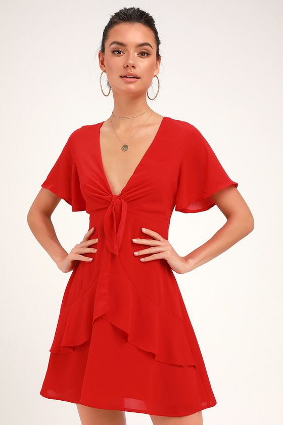 Jewell Red Tie-Front Ruffled Skater Dress