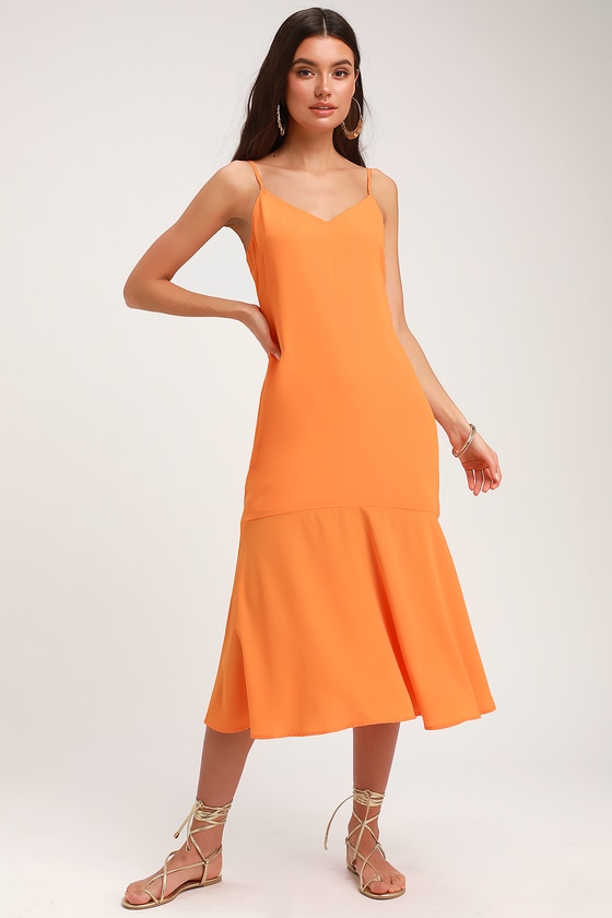 Fun Orange Midi Dress - Trumpet Dress - Relaxed Bodice Midi Dress - Lulus