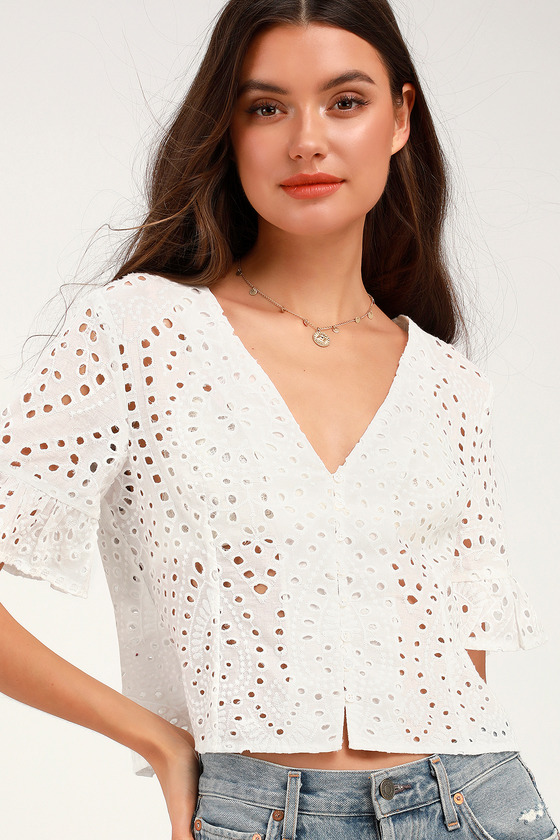 Cute White Crop Top - Eyelet Crop Top - Ruffle Sleeve Crop Top - Lulus