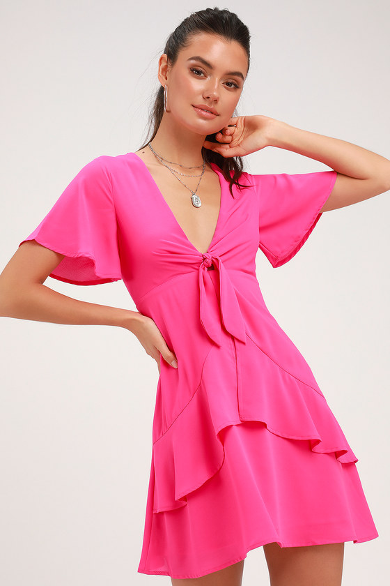 Cute Fuchsia Dress - Pink Tie-Front Dress - Ruffled Skater Dress - Lulus