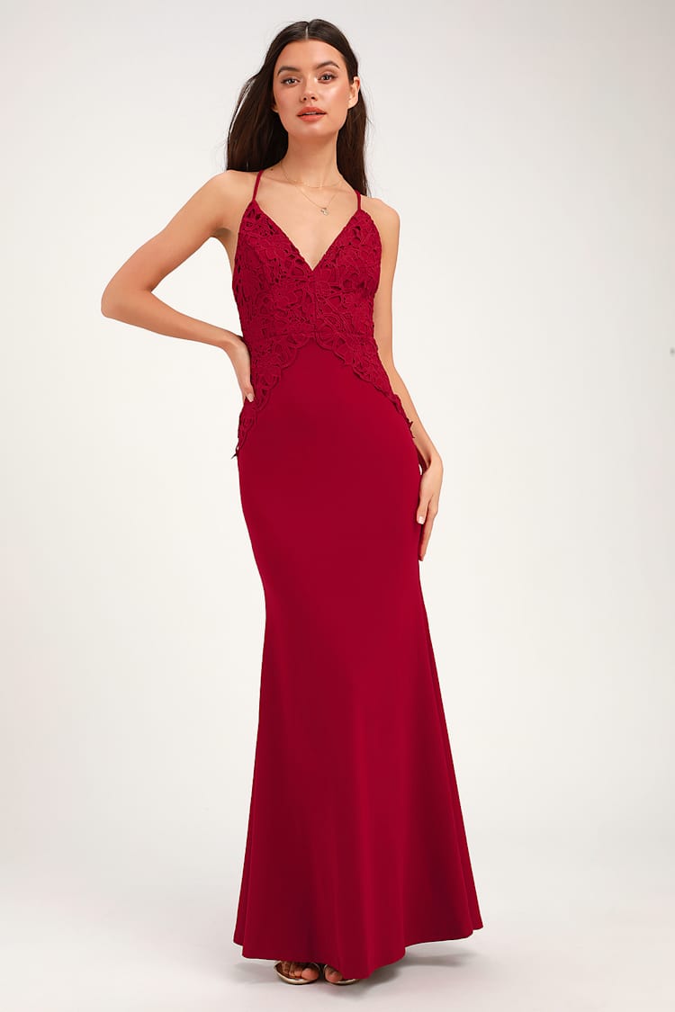 knee length dresses for ladies Strapless Mermaid Burgundy Lace Long Prom Dress with Side Slit, Mermai –  abcprom