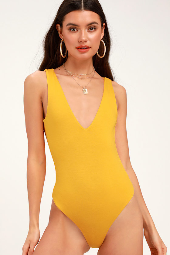 Sexy Golden Yellow Bodysuit VNeck Bodysuit Black Bodysuit Lulus