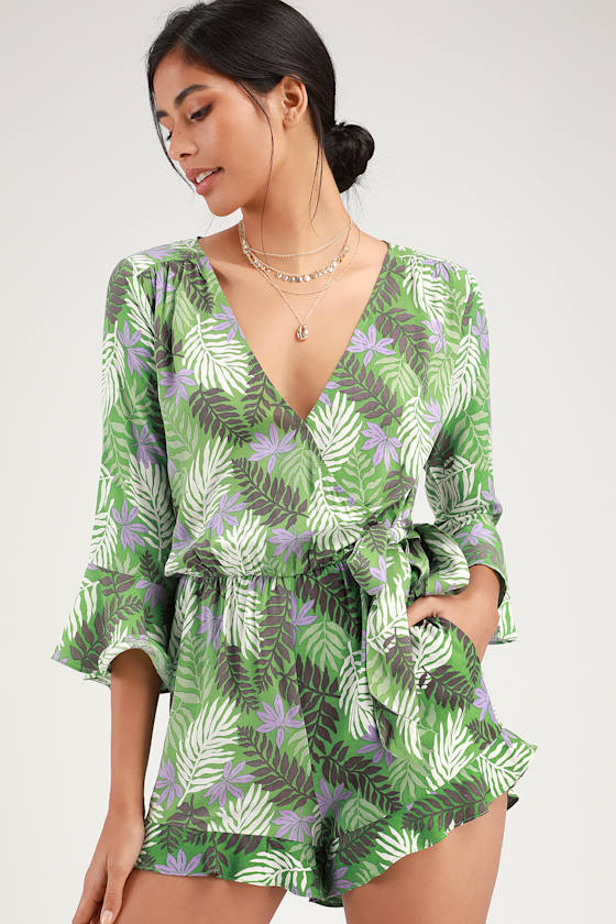 Cool Green Romper Leaf Print Romper 3/4 Sleeve Romper Lulus