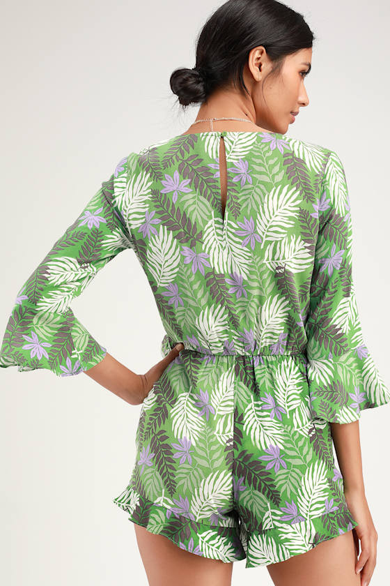 Cool Green Romper Leaf Print Romper 3/4 Sleeve Romper