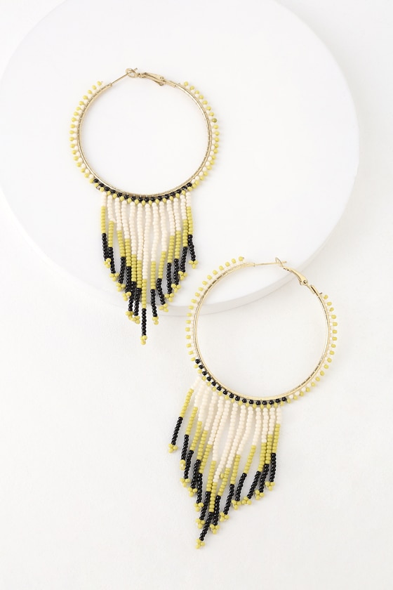 Maverick Black and Lime Green Beaded Hoop Earrings 1
