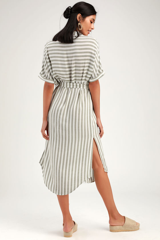 Kersee Olive Green and White Striped Midi Shirt Dress 4