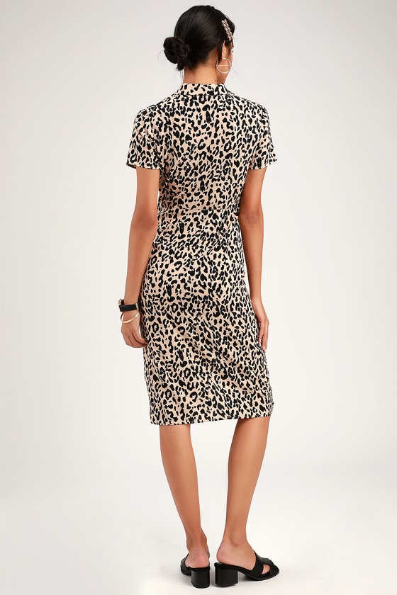 Cute Leopard Print Shirt Dress - Midi Dress - Button-Up Dress