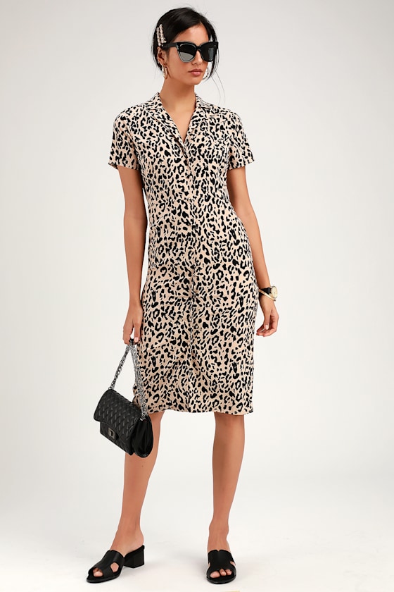 Ashlyn Taupe Leopard Print Midi Shirt Dress 1
