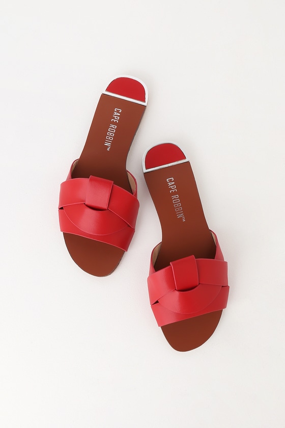 Cute Red Slide Sandals - Flat Sandals - Peep-Toe Sandals - Lulus