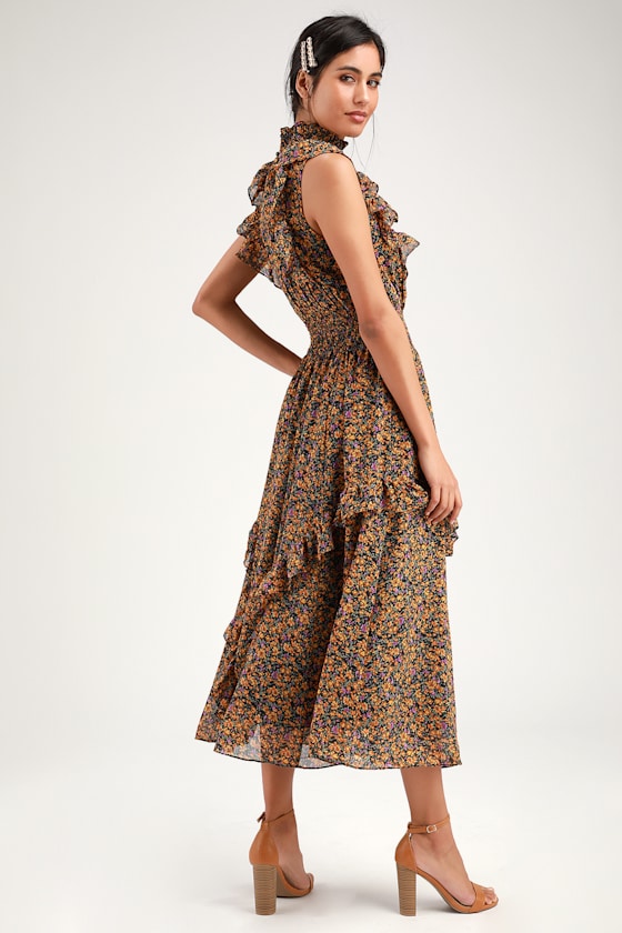 Mustard Yellow Floral Print Dress Mock Neck Dress Midi Dress