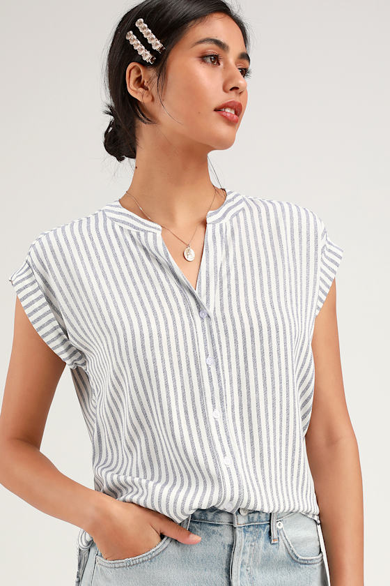 Pillar Blue and White Striped Short Sleeve Top 2
