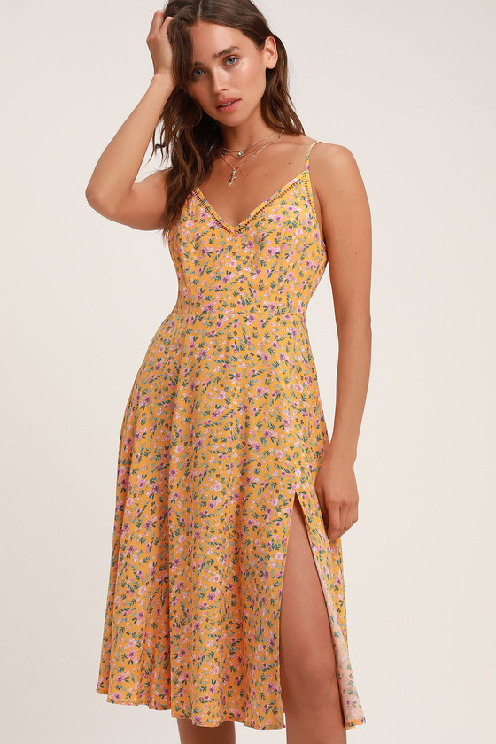 yellow print midi dress