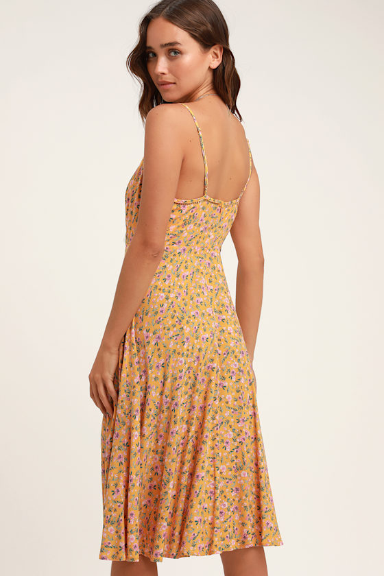 Lovely Yellow Floral Print Dress - Sleeveless Dress - Midi Dress - Lulus