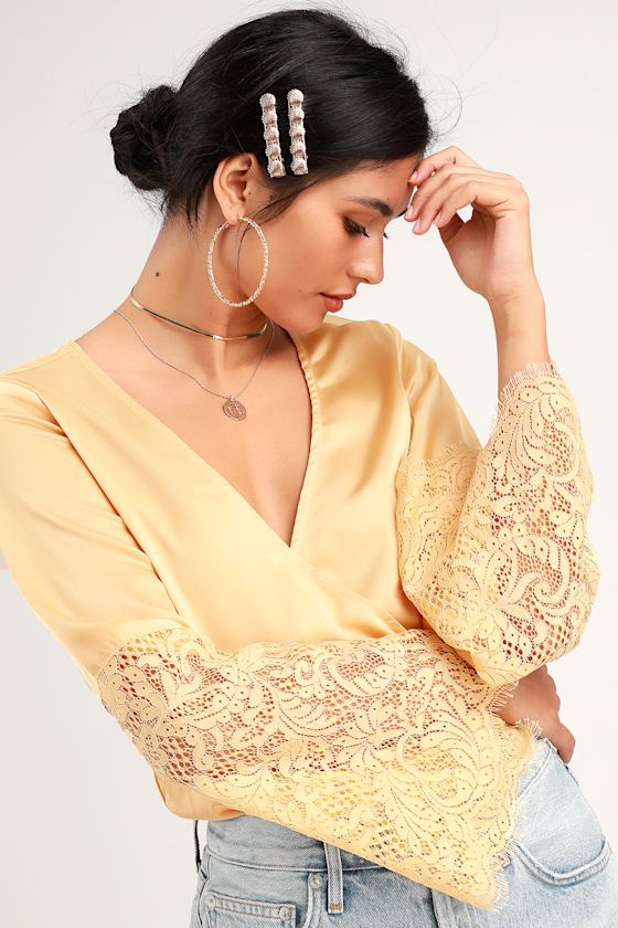 Cute Yellow Satin Bodysuit - Long Sleeve Bodysuit - Lace Bodysuit - Lulus