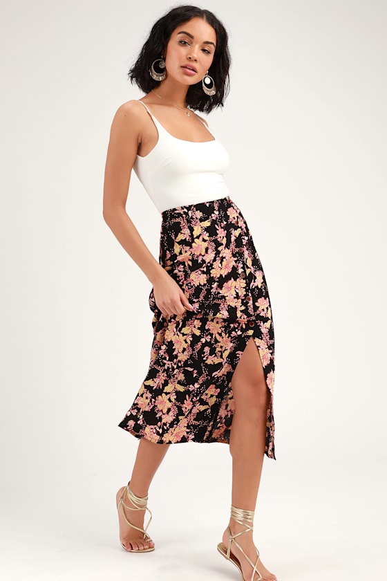 Retro Love Black Floral Print Button Front Midi Skirt 4