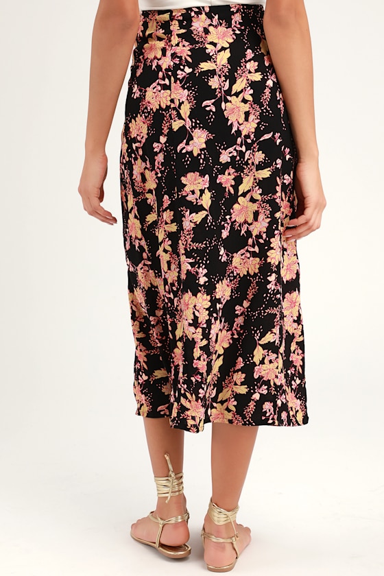 Retro Love Black Floral Print Button Front Midi Skirt 3