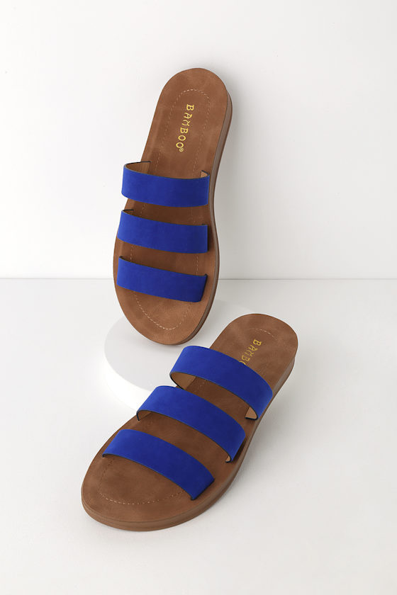 Cute Blue Slide Sandals Suede Slides PeepToe Slides Lulus