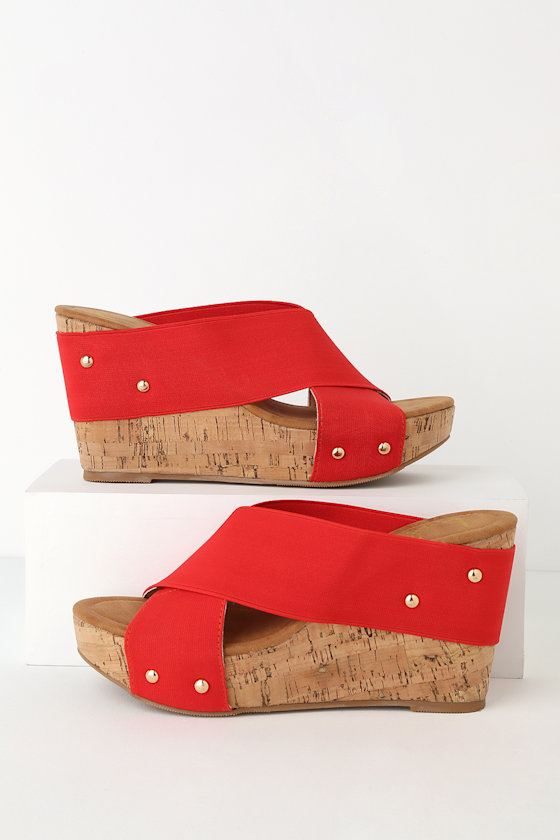 Lulus Red Wedges Black Cork Wedge Sandals Cork Sandals