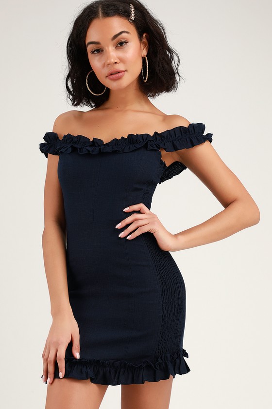 navy blue off the shoulder bodycon dress