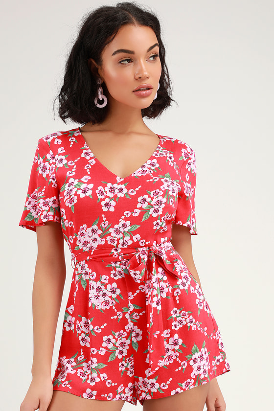 Bethany Coral Red Floral Print Short Sleeve Romper