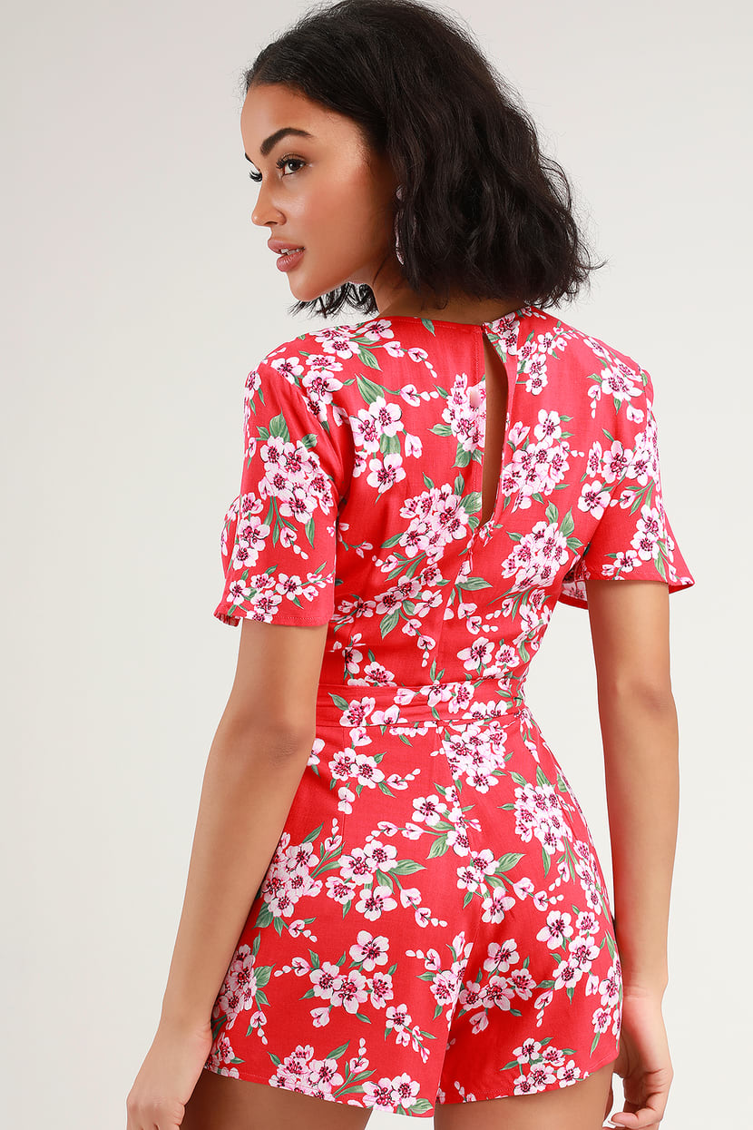 Bethany Coral Red Floral Print Short Sleeve Romper