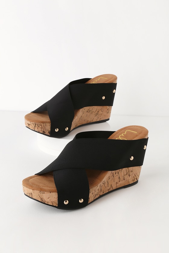 Black Cork Wedge Sandals 