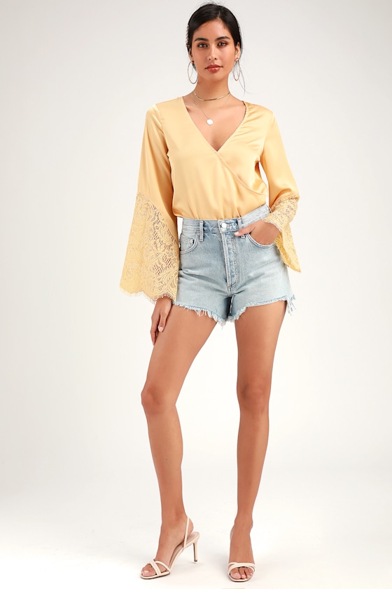 Promising Penny Light Yellow Satin Long Sleeve Bodysuit 2