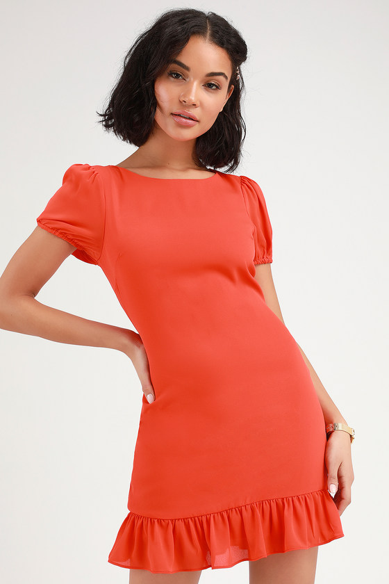 Cute Coral Red Dress - Ruffled Mini Dress - Short Sleeve Dress - Lulus