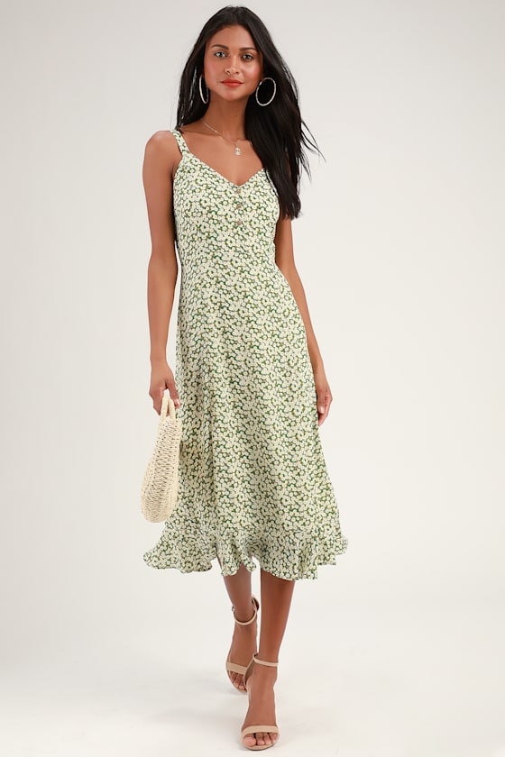 Green Floral Print Midi Dress Stylish Casual Dress for Women
