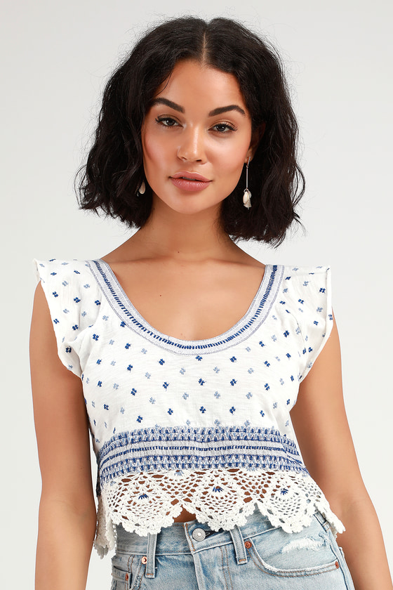 Free People Santorini - White Embroidered Crop Top - Smocked Top - Lulus