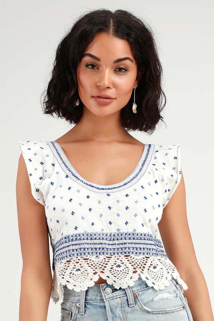 Free People Santorini - White Embroidered Crop Top - Smocked Top - Lulus