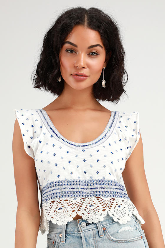 Santorini White and Blue Print Crop Top 2